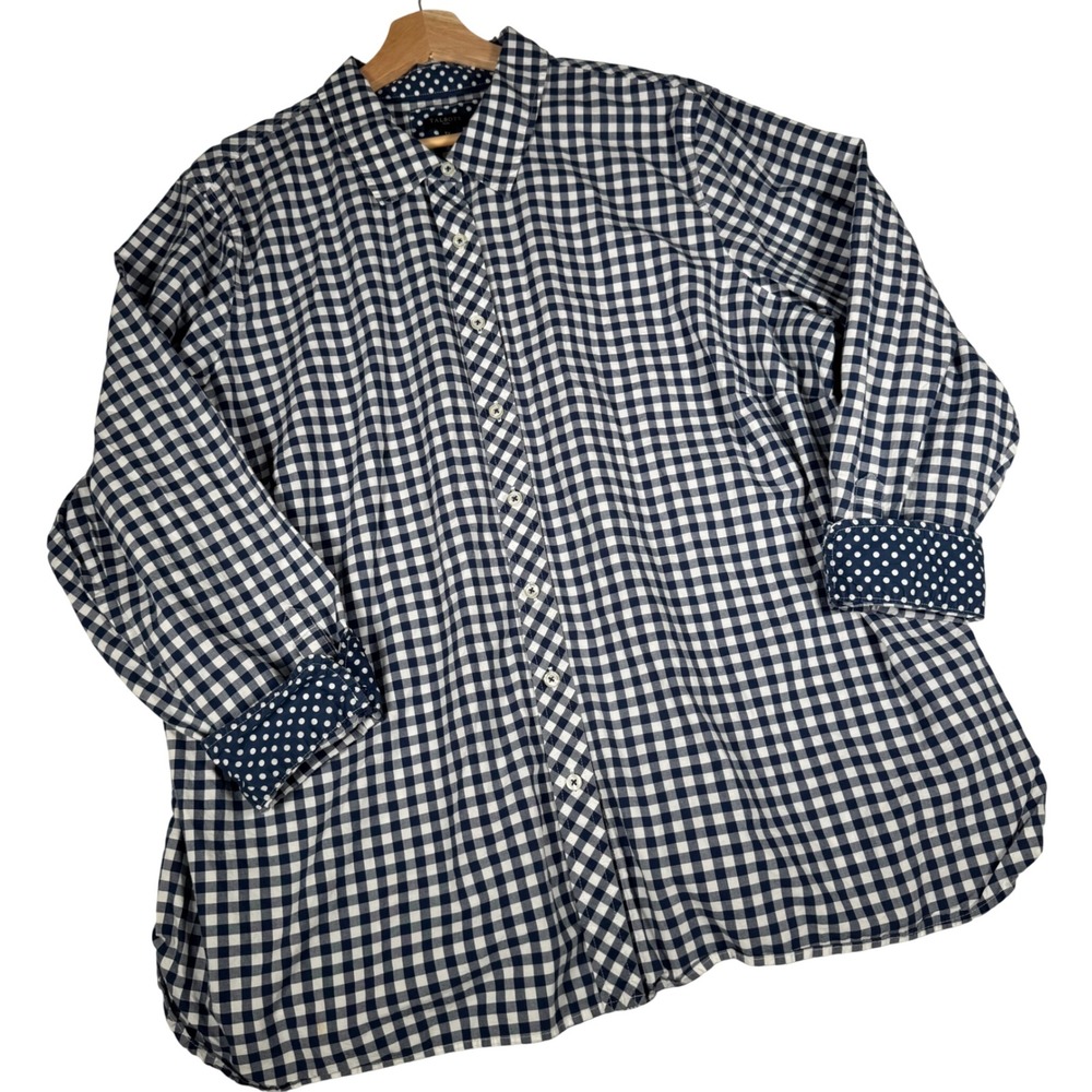 Talbots Plus Womens‎ 3X Gingham Button Down Shirt Navy White Cotton Polka Dot